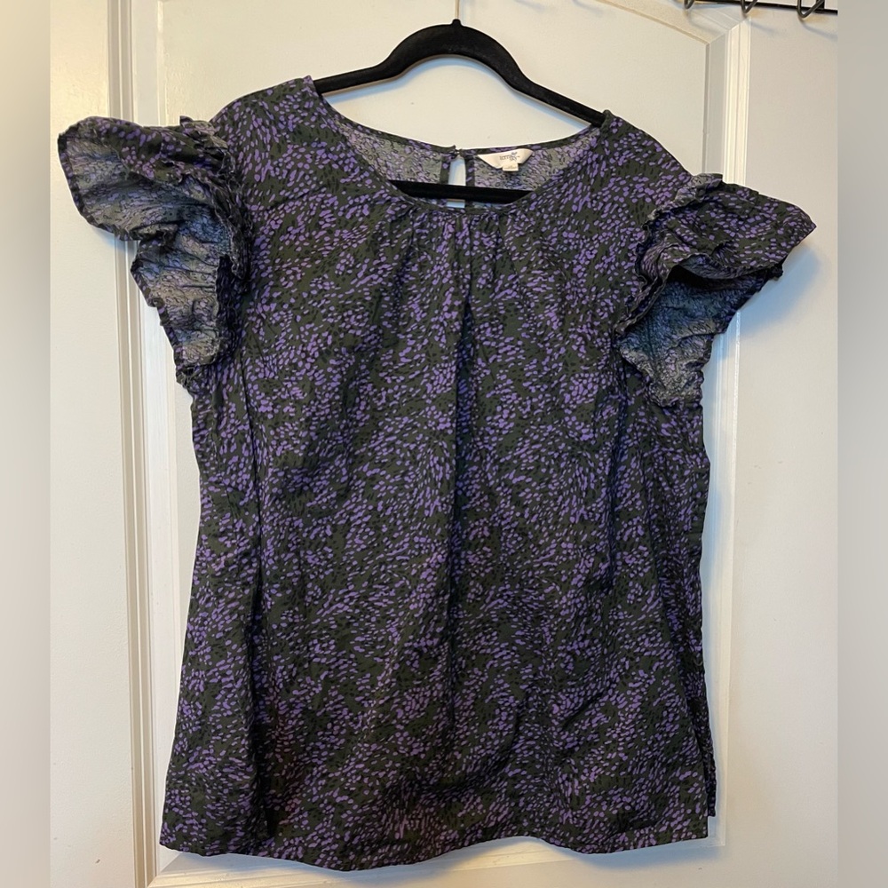Terra & Sky 1X Green and Purple Patterned Top with Ruffle Layered Sleeves